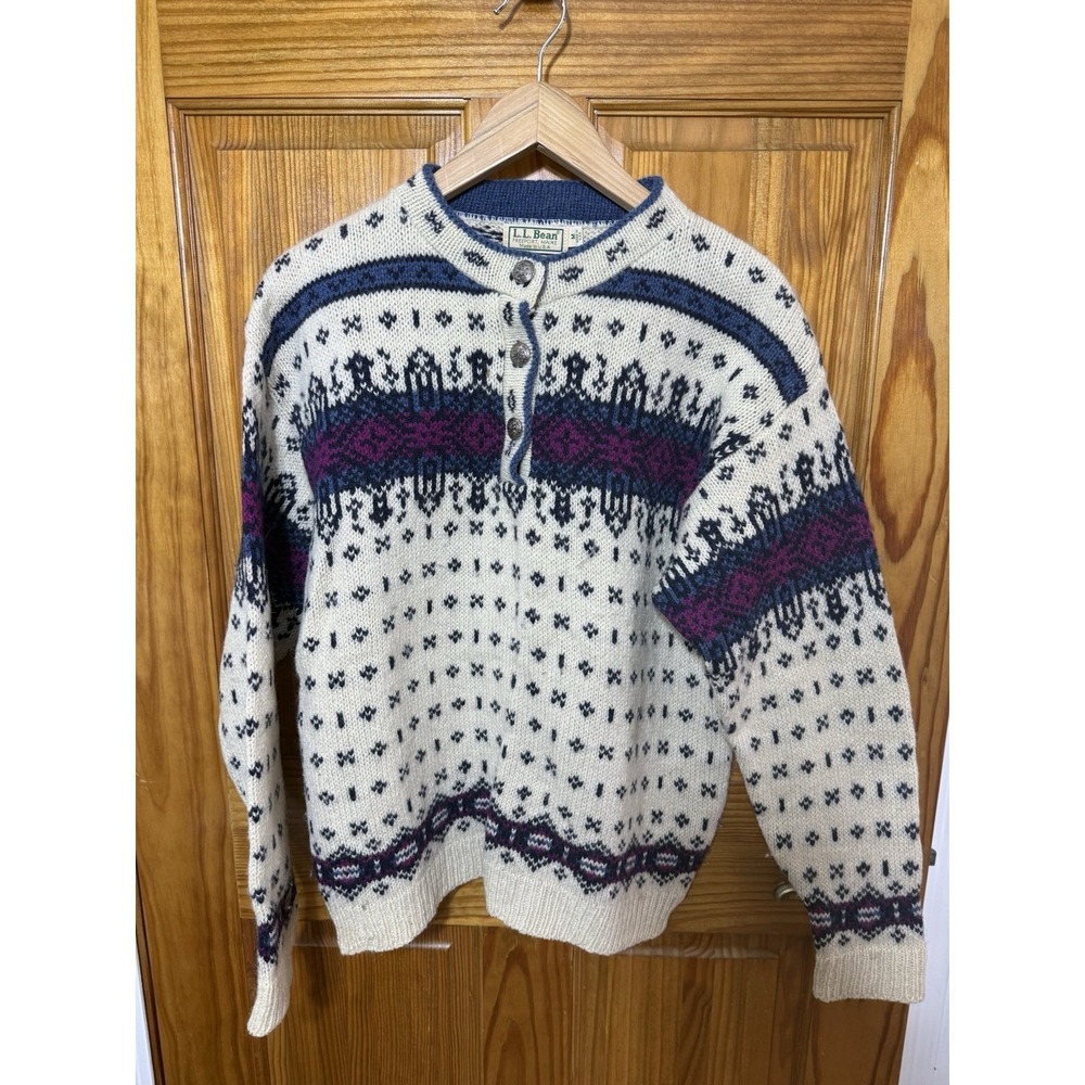 VTG L.L. Bean Fair Isle Sweater Women's M Wool Norwegian 3 Button White Blue